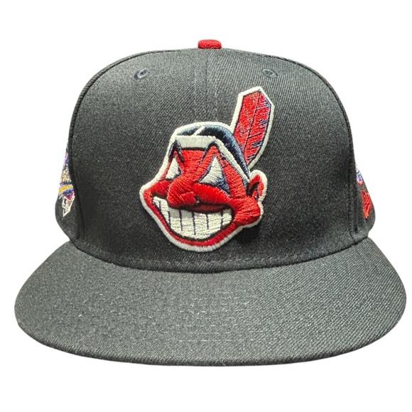 Cleveland Indians Chief Wahoo 1995 World Series Green UV Hat New Era Fitted Blac - Picture 1 of 9
